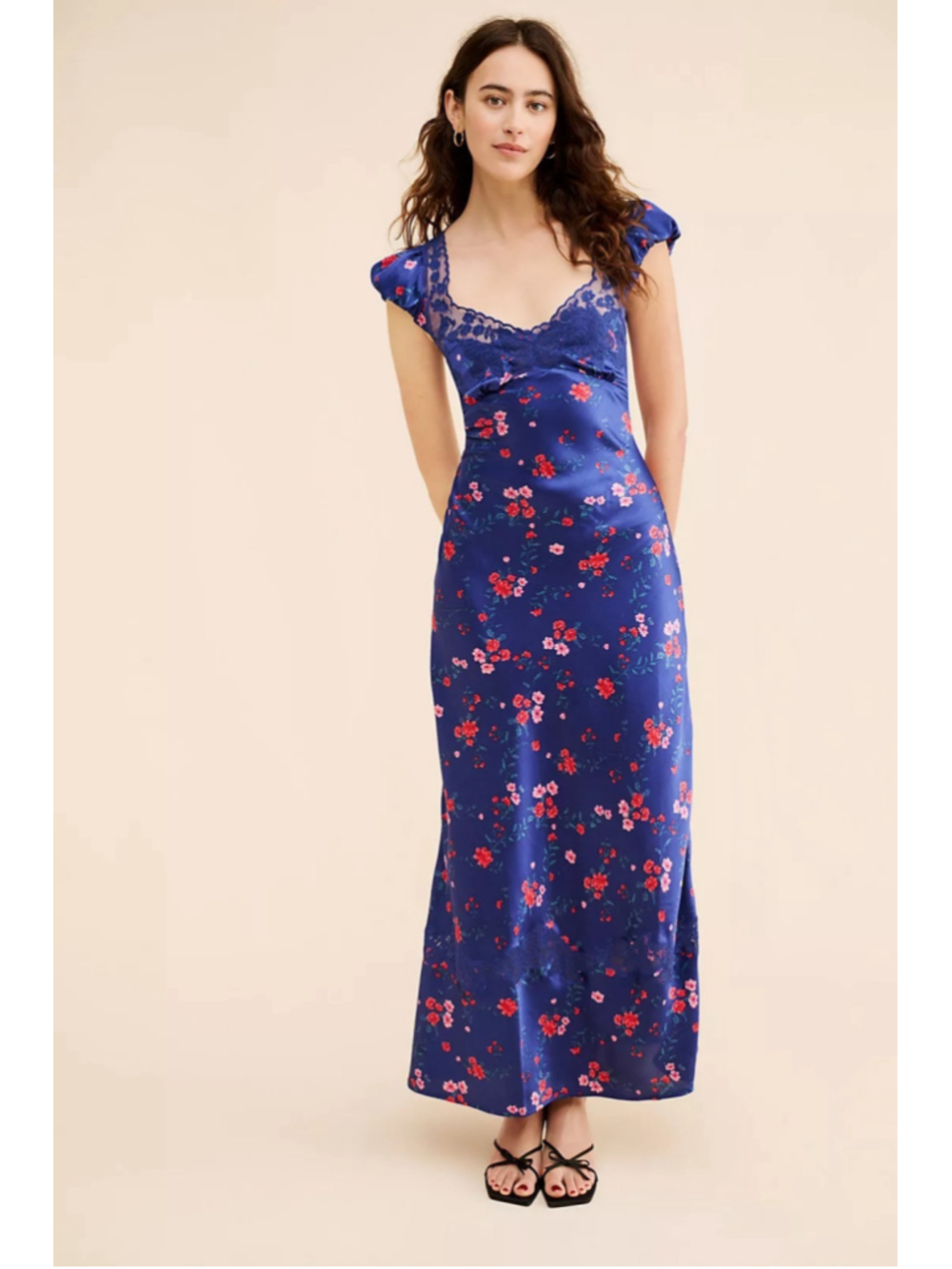 NWT Free People Butterfly Babe Floral Medium Blue Satin Maxi Dress Cottagecore